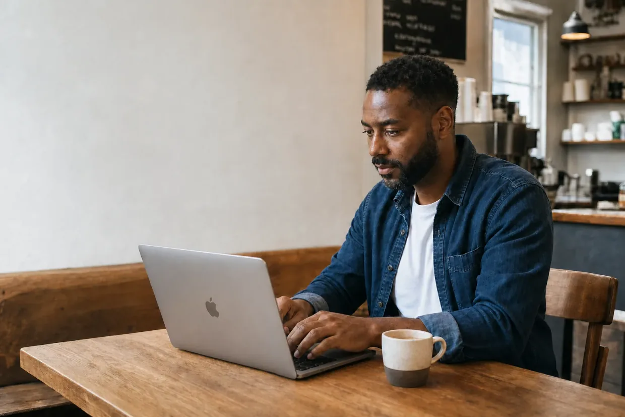 A business owner using a MacBook in a coffee shop