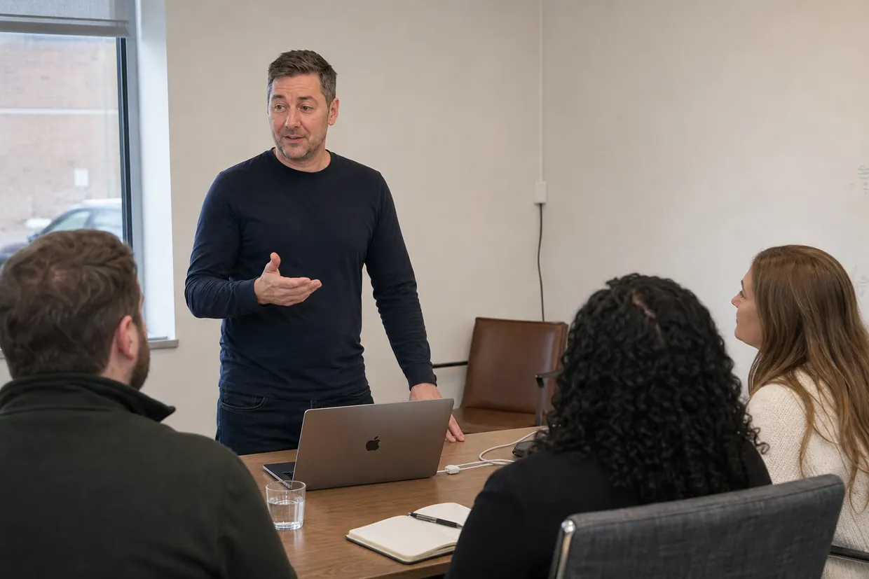 A HAWT instructor leading an AI workshop for a business team