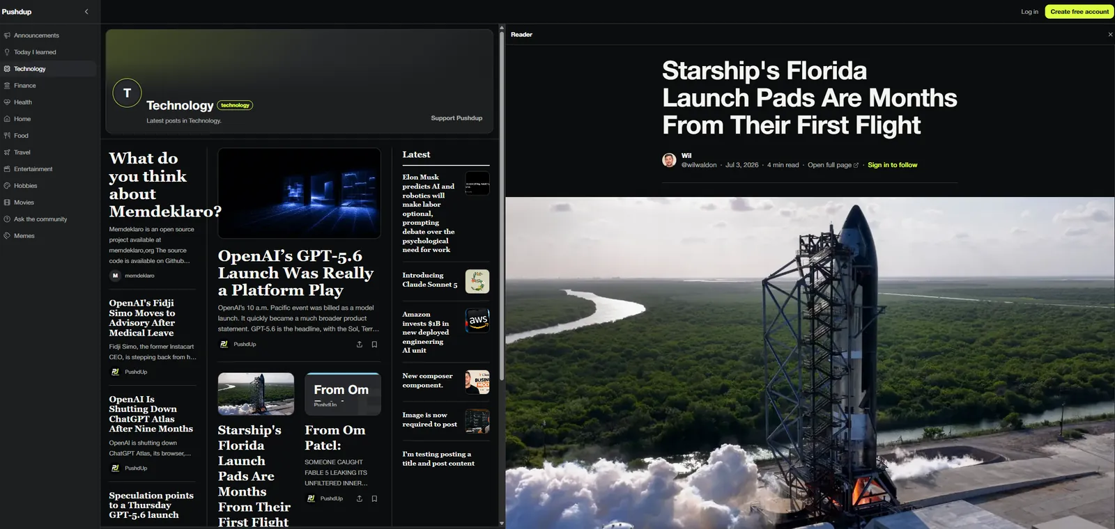 PushdUp interface with channels, posts, publishing tools, and an article reader