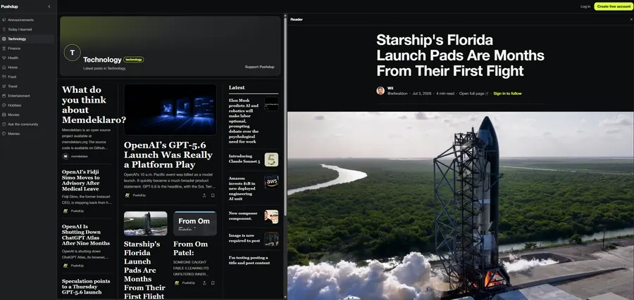 PushdUp community software showing channels, posts, and a reader view