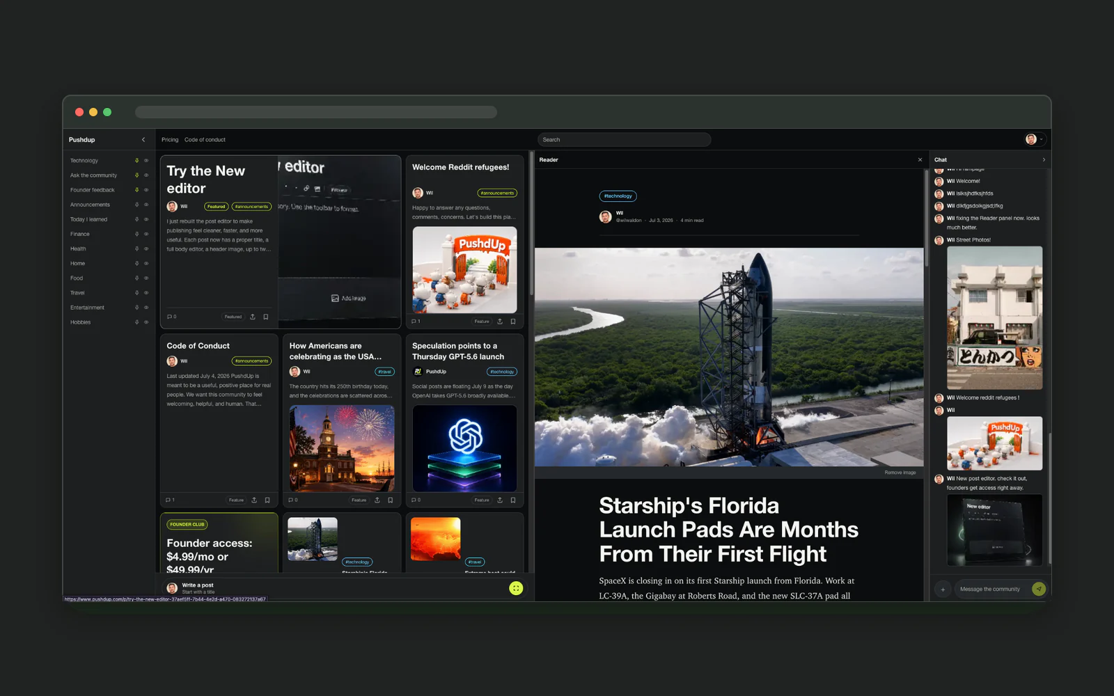 PushdUp community platform shown in a browser window