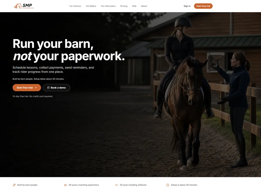 Stable Manager Pro website for managing lessons, payments, reminders, and rider progress